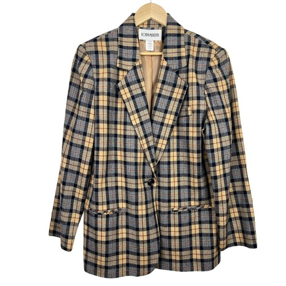 VTG 100% Wool Butter Yellow & Gray Plaid Button Robyn Meredith Women's Blazer 16 - Picture 1 of 11